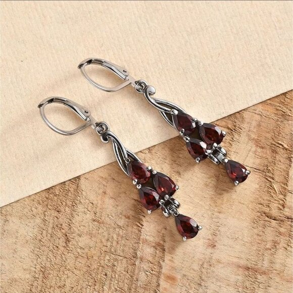 Vintage-Style ✦ Mozambique Garnet Drop Earrings ✦ 316L Stainless Steel Leverback - Picture 4 of 10